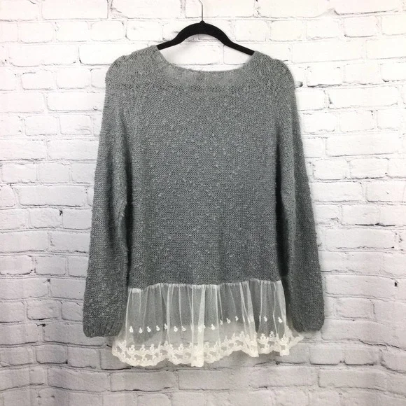 Monteau Los Angeles Grey Swiss Dot Lace Hem Boat Neck Pullover Sweater L - Picture 4 of 16